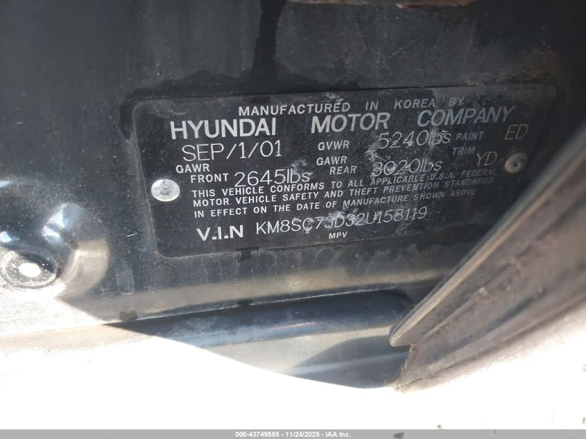 2002 Hyundai Santa Fe Gls/Lx VIN: KM8SC73D32U158119 Lot: 43749555