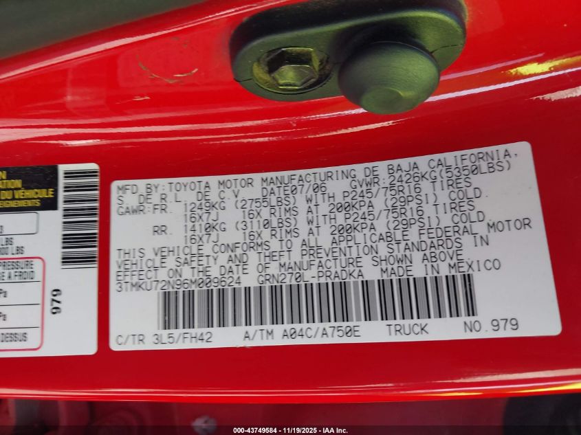 2006 Toyota Tacoma Prerunner V6 VIN: 3TMKU72N96M009624 Lot: 43749584