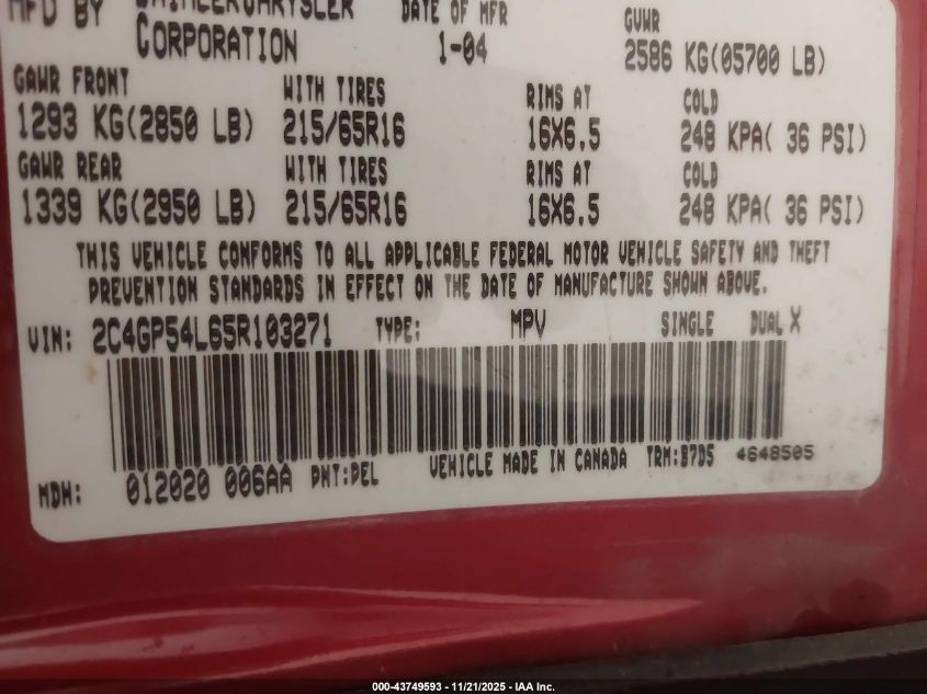 2005 Chrysler Town & Country Touring VIN: 2C4GP54L65R103271 Lot: 43749593