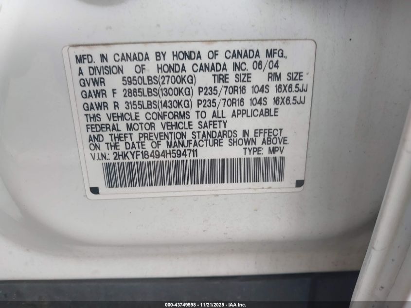 2004 Honda Pilot Ex VIN: 2HKYF18494H594711 Lot: 43749598