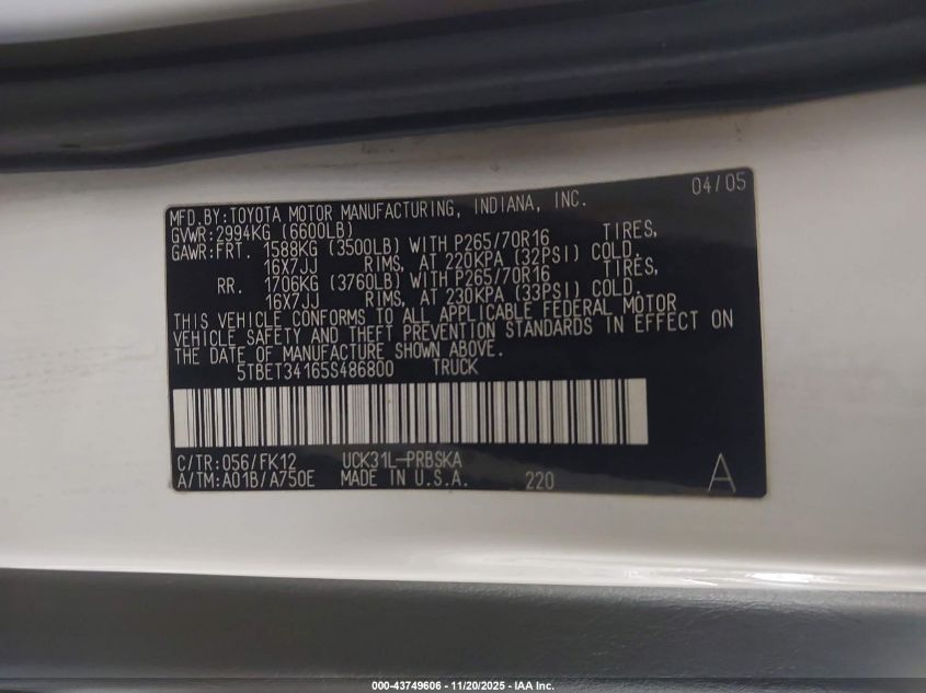 2005 Toyota Tundra Sr5 V8 VIN: 5TBET34165S486800 Lot: 43749606