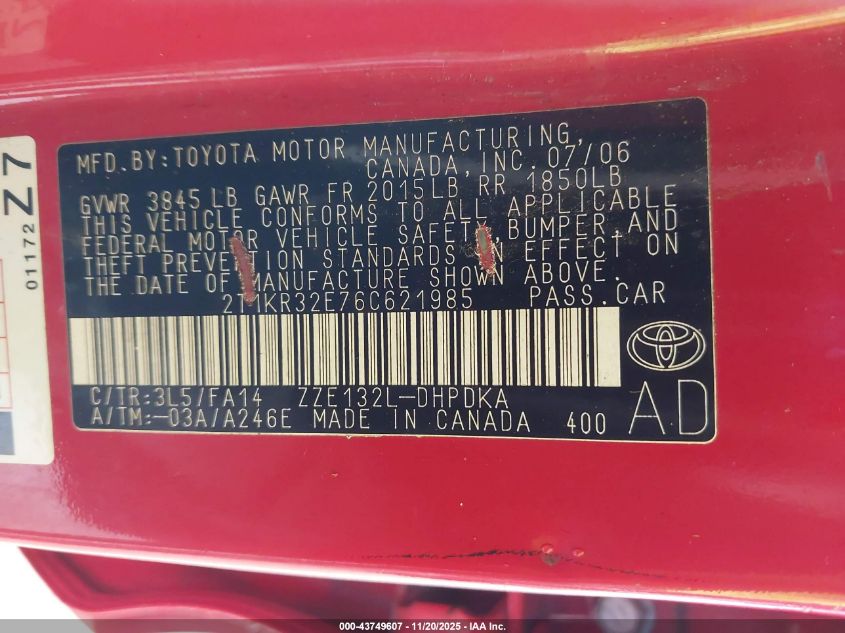 2006 Toyota Matrix VIN: 2T1KR32E76C621985 Lot: 43749607