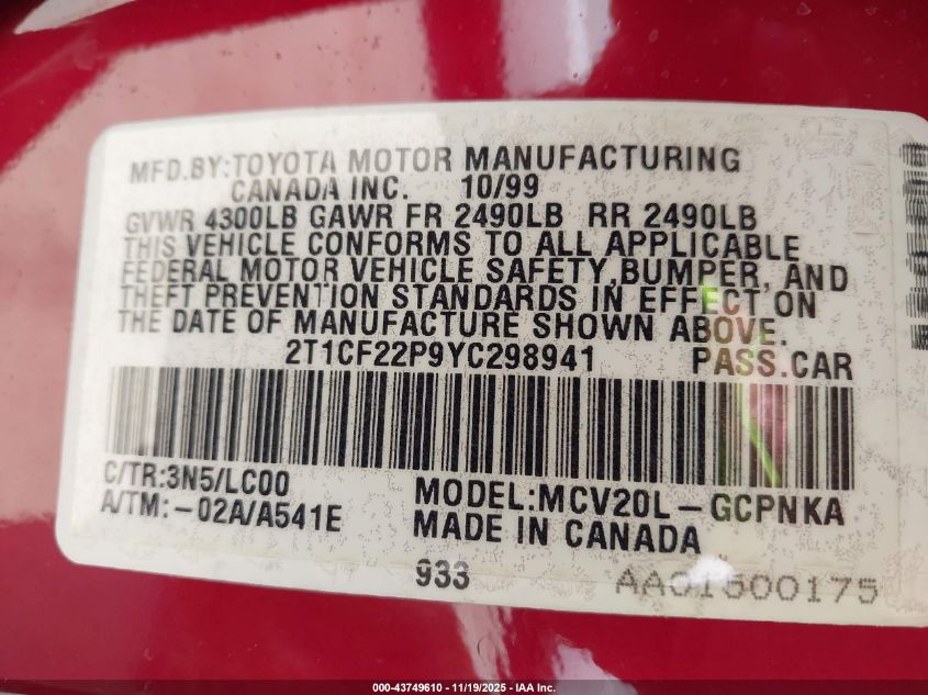 2000 Toyota Camry Solara Sle V6 VIN: 2T1CF22P9YC298941 Lot: 43749610