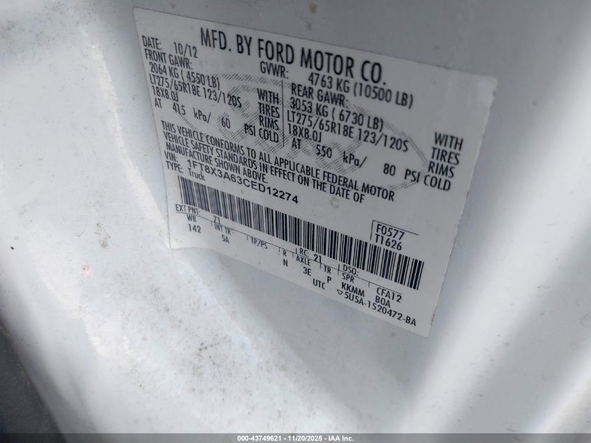 2012 Ford F-350 Lariat VIN: 1FT8X3A63CED12274 Lot: 43749621