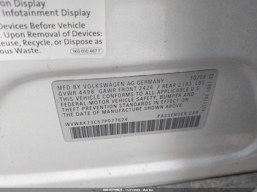 2007 Volkswagen Passat 2.0T/Wolfsburg Edition VIN: WVWAK73C57P077624 Lot: 43749625