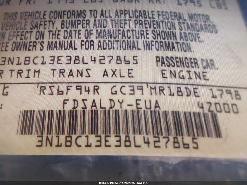 2008 Nissan Versa 1.8S VIN: 3N1BC13E38L427865 Lot: 43749634