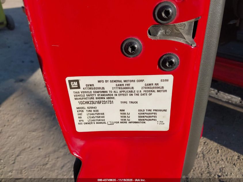 2006 Chevrolet Silverado 2500Hd Lt2 VIN: 1GCHK23U16F231731 Lot: 43749635