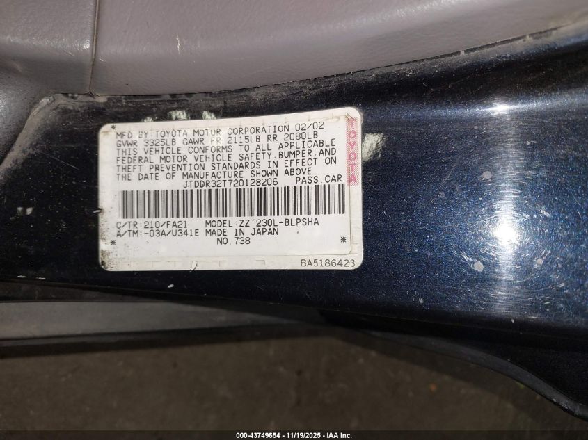 2002 Toyota Celica Gt VIN: JTDDR32T720128206 Lot: 43749654