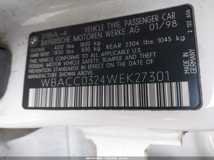 1998 BMW 318I VIN: WBACC0324WEK27301 Lot: 43749666