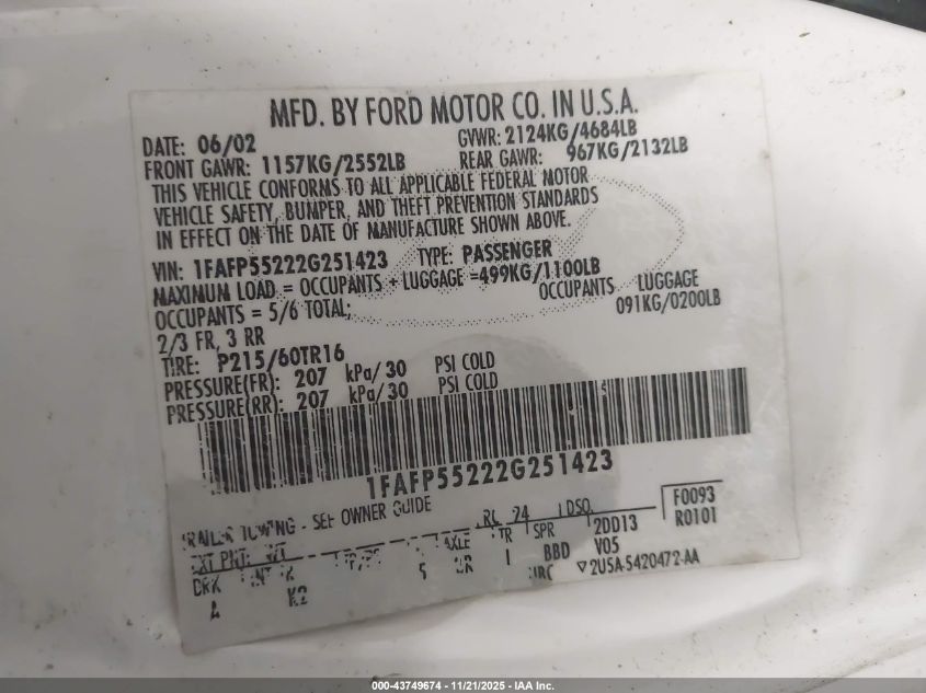 2002 Ford Taurus Ses VIN: 1FAFP55222G251423 Lot: 43749674