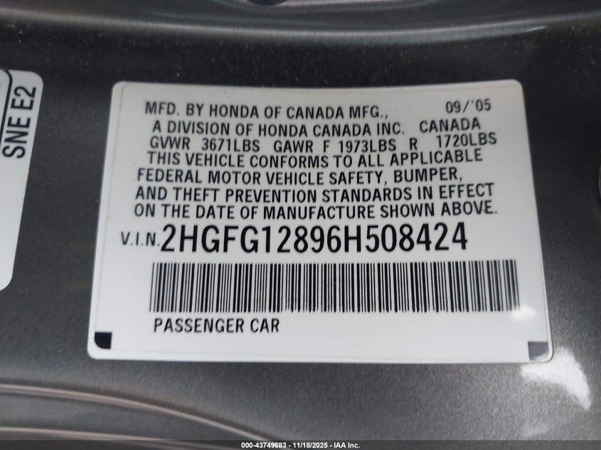 2HGFG12896H508424 2006 HONDA CIVIC photo no. 9