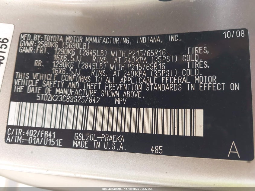 5TDZK23C89S257842 2009 TOYOTA SIENNA photo no. 9
