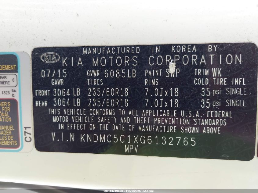 2016 Kia Sedona Sx VIN: KNDMC5C1XG6132765 Lot: 43749698