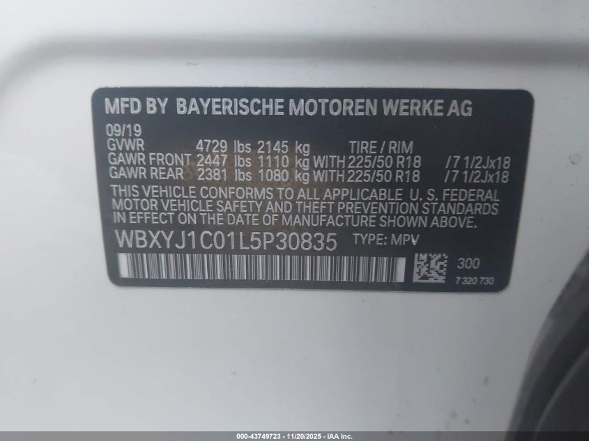 2020 BMW X2 xDrive28I VIN: WBXYJ1C01L5P30835 Lot: 43749723