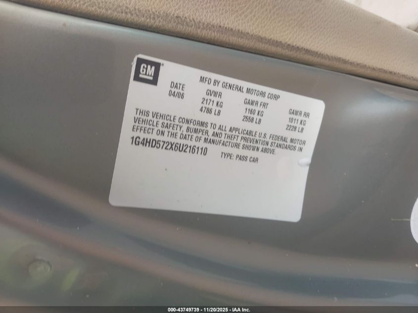 2006 Buick Lucerne Cxl VIN: 1G4HD572X6U216110 Lot: 43749739