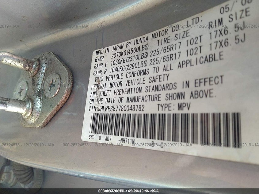 2008 Honda Cr-V Ex-L VIN: JHLRE38778C048782 Lot: 43749749