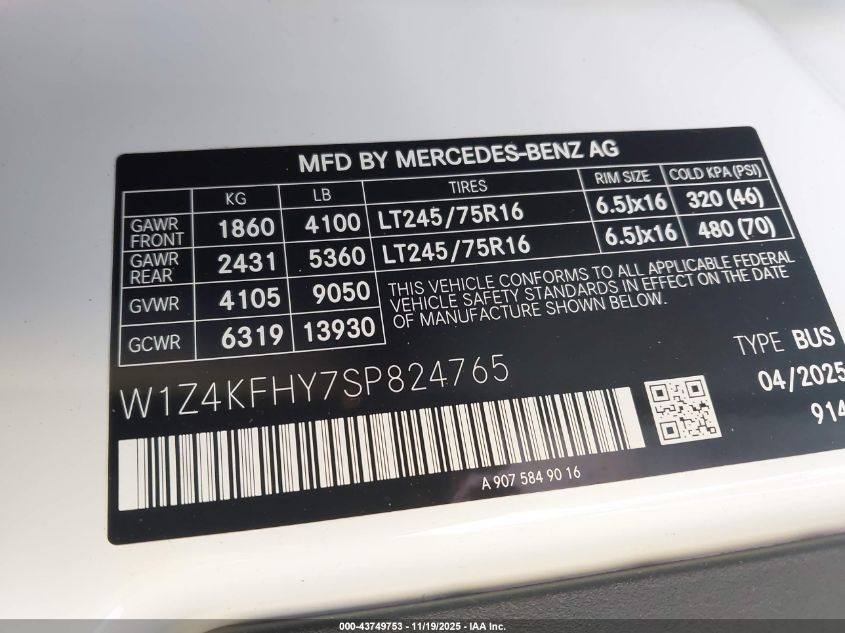 2025 Mercedes-Benz Sprinter 2500 Standard Roof 4-Cyl Diesel VIN: W1Z4KFHY7SP824765 Lot: 43749753