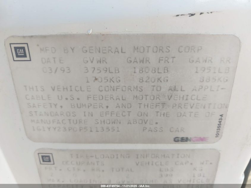 1993 Chevrolet Corvette VIN: 1G1YY23P0P5113551 Lot: 43749754