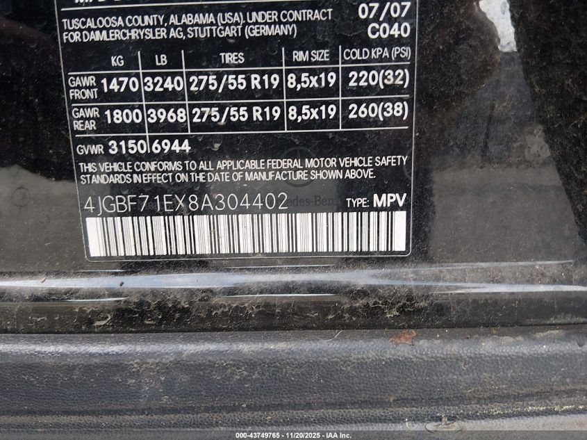 2008 Mercedes-Benz Gl 450 4Matic VIN: 4JGBF71EX8A304402 Lot: 43749765