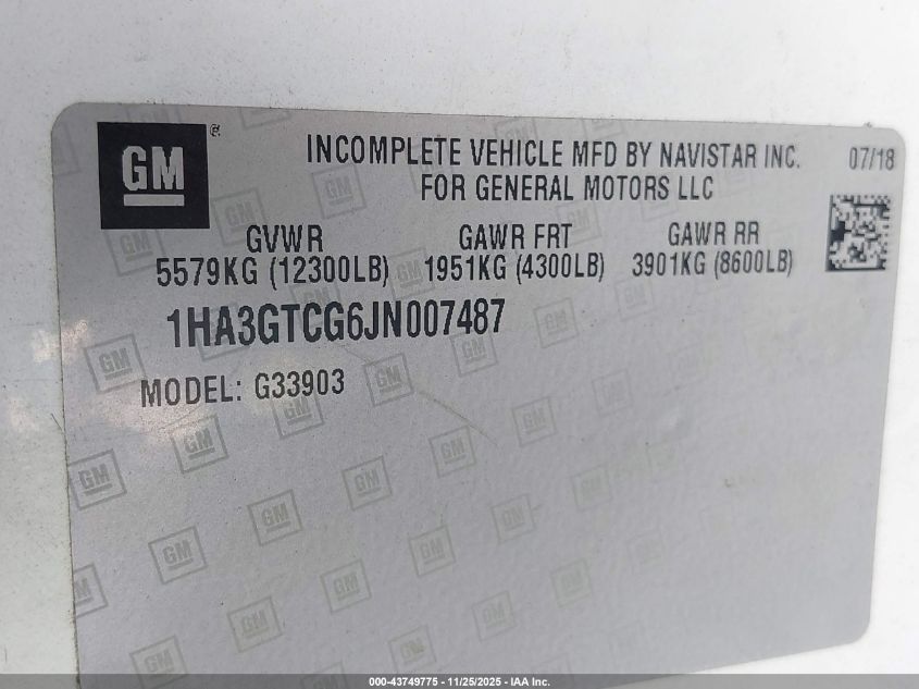 2018 Chevrolet Express Cutaway Work Van VIN: 1HA3GTCG6JN007487 Lot: 43749775