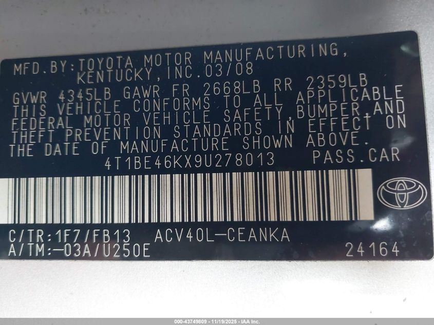 2009 Toyota Camry Le VIN: 4T1BE46KX9U278013 Lot: 43749809