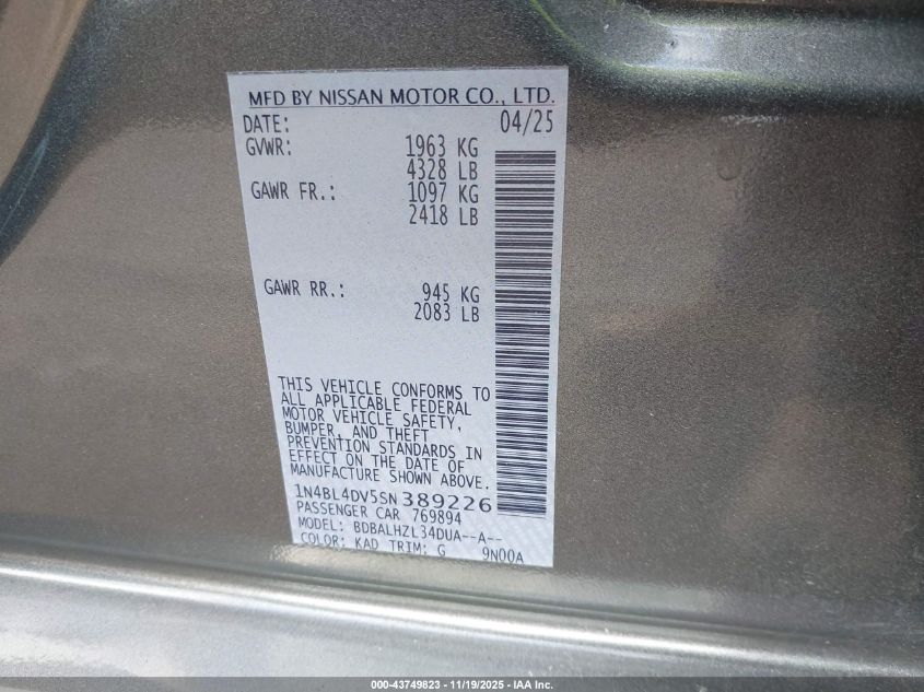 2025 Nissan Altima Sv Fwd VIN: 1N4BL4DV5SN389226 Lot: 43749823