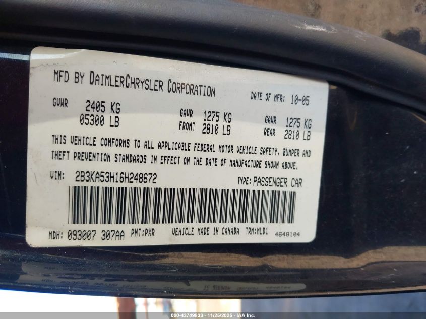 2006 Dodge Charger Rt VIN: 2B3KA53H16H248672 Lot: 43749833