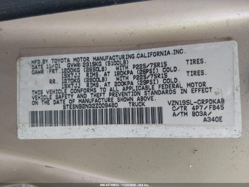 2002 Toyota Tacoma Prerunner V6 VIN: 5TESN92N32Z009480 Lot: 43749832