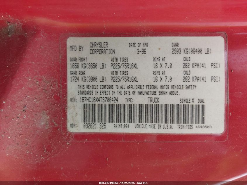 1996 Dodge Ram 1500 VIN: 1B7HC16X4TS700424 Lot: 43749834