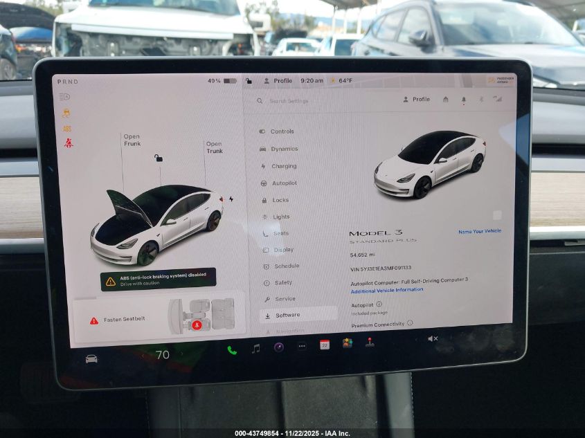 2021 Tesla Model 3 Standard Range Plus Rear-Wheel Drive VIN: 5YJ3E1EA3MF091133 Lot: 43749854