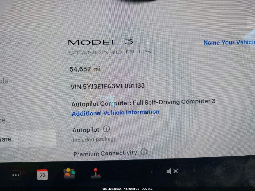 2021 Tesla Model 3 Standard Range Plus Rear-Wheel Drive VIN: 5YJ3E1EA3MF091133 Lot: 43749854