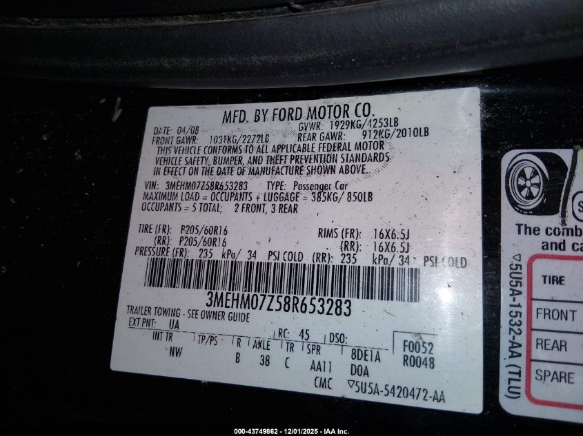 2008 Mercury Milan I4 VIN: 3MEHM07Z58R653283 Lot: 43749862