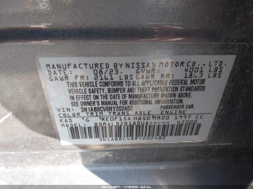 2024 NISSAN SENTRA 2.0L I-4 DI, DOHC, V(VIN: 3N1AB8CV8RY202482