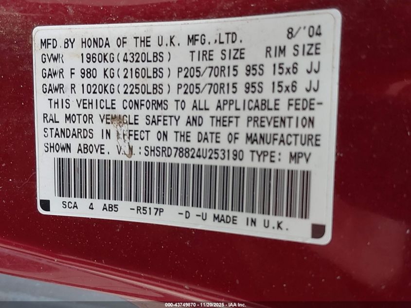 2004 Honda Cr-V Ex VIN: SHSRD78824U253190 Lot: 43749870