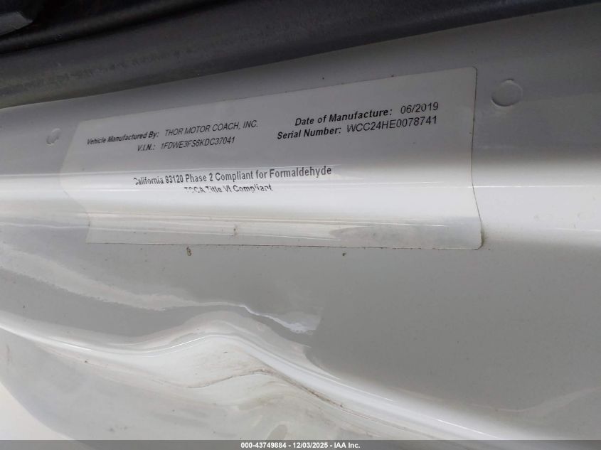 2019 Thor Freedom Elite VIN: 1FDWE3FS6KDC37041 Lot: 43749884