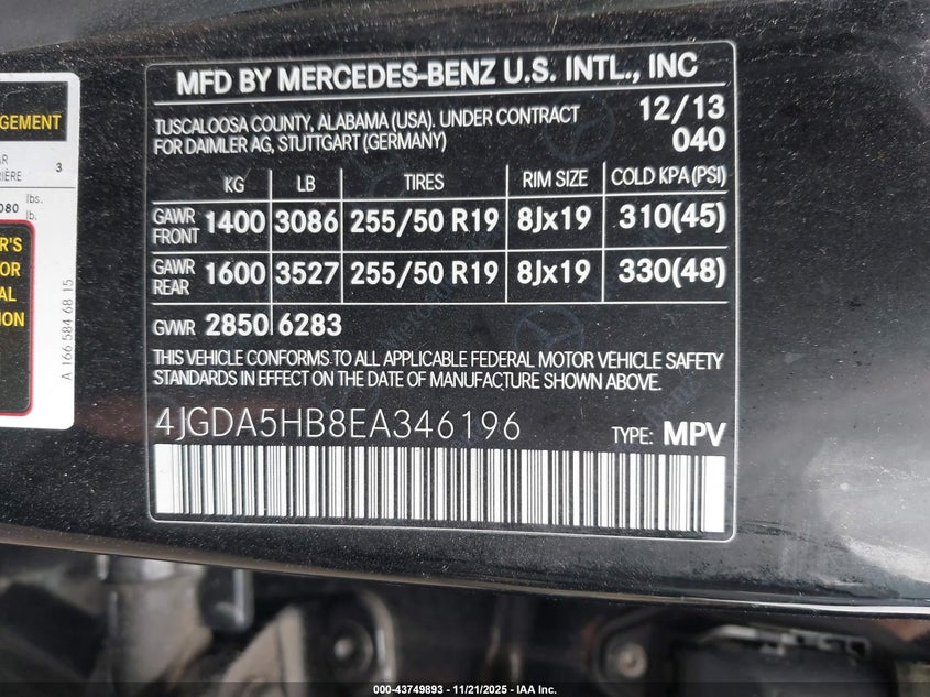 4JGDA5HB8EA346196 2014 MERCEDES-BENZ M-KLASSE photo no. 9