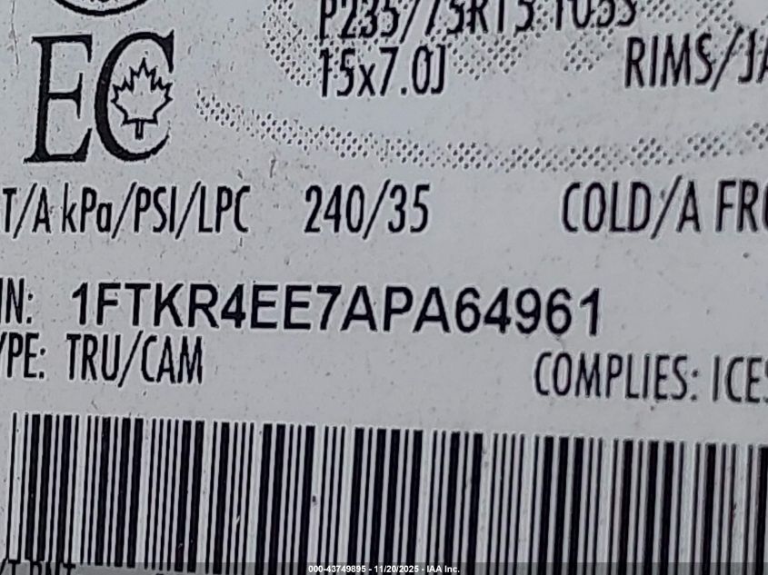 2010 Ford Ranger Sport VIN: 1FTKR4EE7APA64961 Lot: 43749895