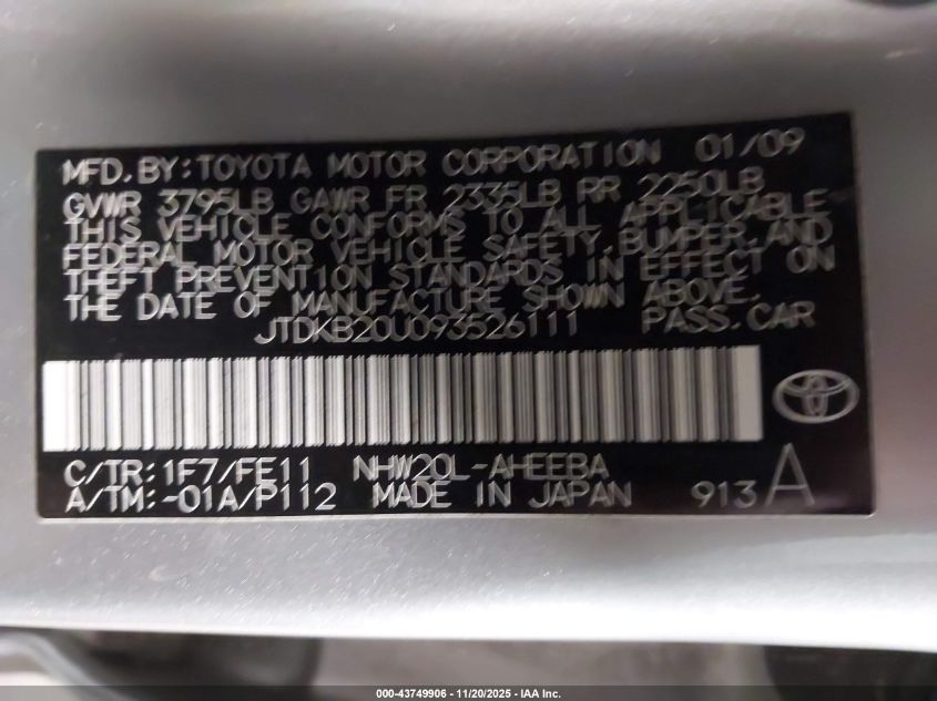 2009 Toyota Prius VIN: JTDKB20U093526111 Lot: 43749906