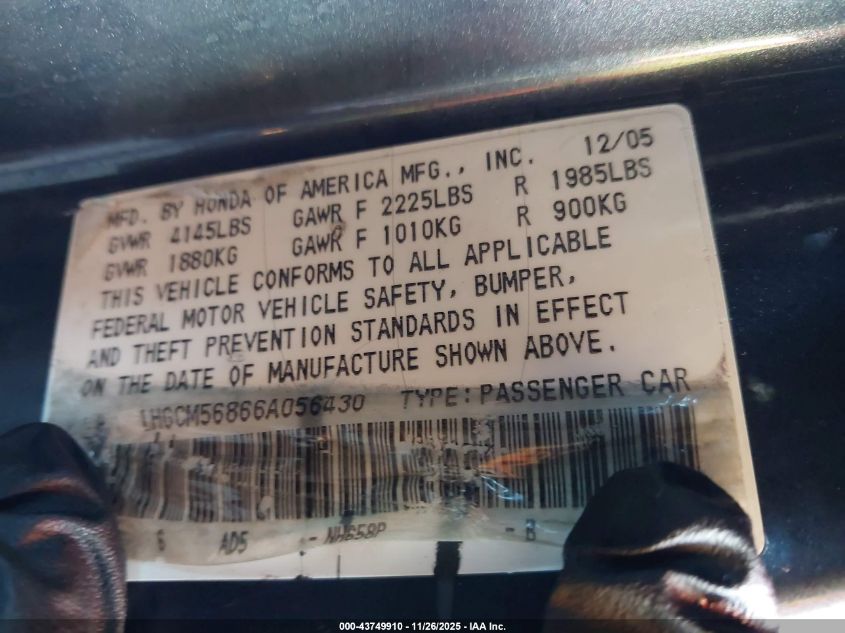 2006 Honda Accord 2.4 Ex VIN: 1HGCM56866A056430 Lot: 43749910