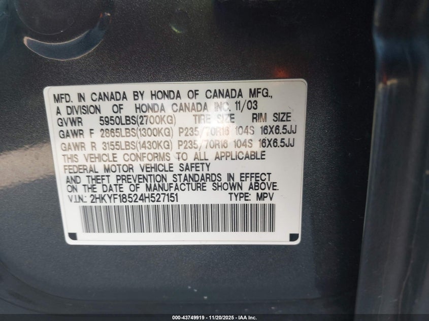 2004 Honda Pilot Ex-L VIN: 2HKYF18524H527151 Lot: 43749919