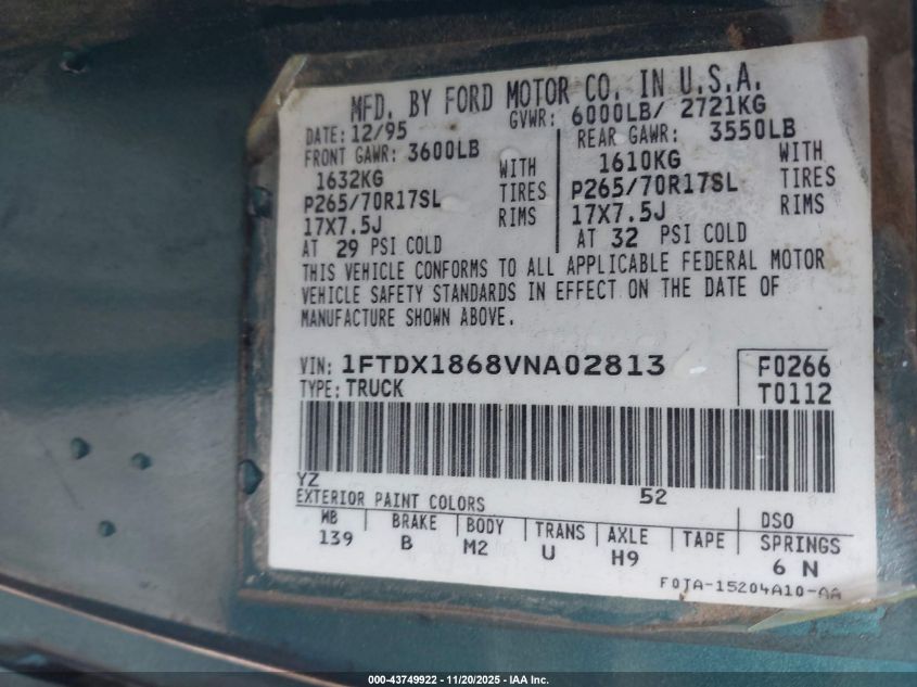 1997 Ford F-150 Lariat/Xl/Xlt VIN: 1FTDX1868VNA02813 Lot: 43749922