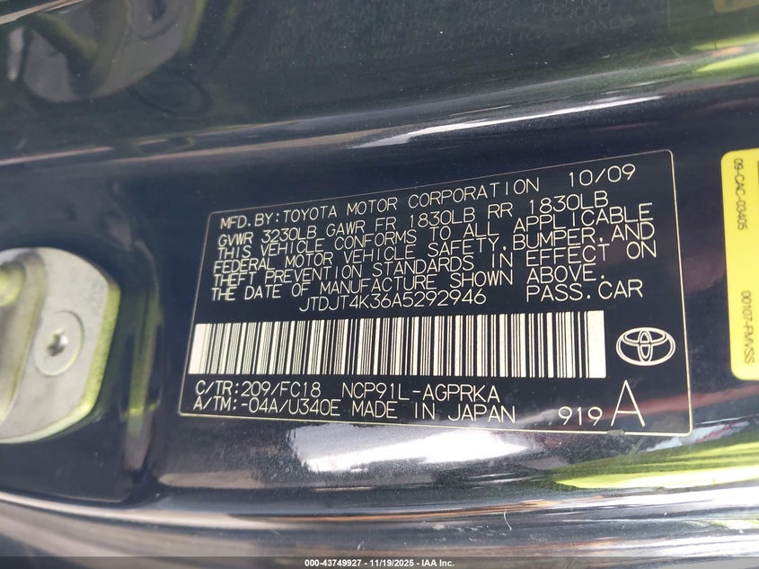 JTDJT4K36A5292946 2010 TOYOTA YARIS photo no. 9