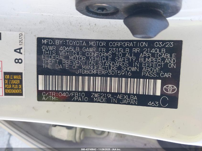 2023 Toyota Corolla Hybrid Le VIN: JTDBCMFEXP3015916 Lot: 43749942