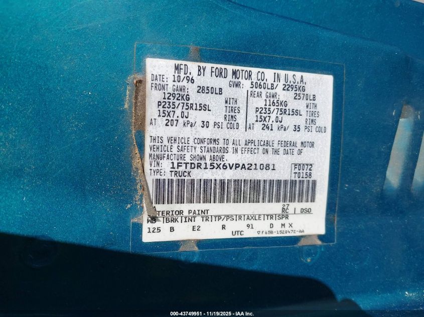 1997 Ford Ranger Splash/Stx/Xlt VIN: 1FTDR15X6VPA21081 Lot: 43749951