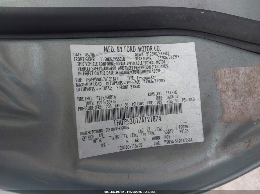 2007 Ford Taurus Se VIN: 1FAFP53U17A121874 Lot: 43749962