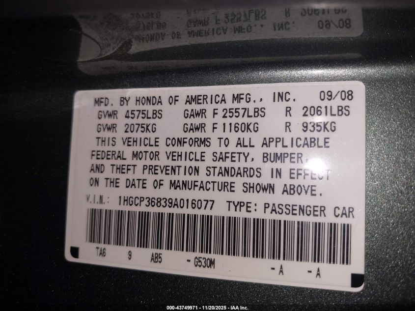2009 Honda Accord 3.5 Ex-L VIN: 1HGCP36839A016077 Lot: 43749971