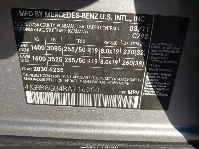 2011 Mercedes-Benz Ml 350 4Matic VIN: 4JGBB8GB4BA716000 Lot: 43749974