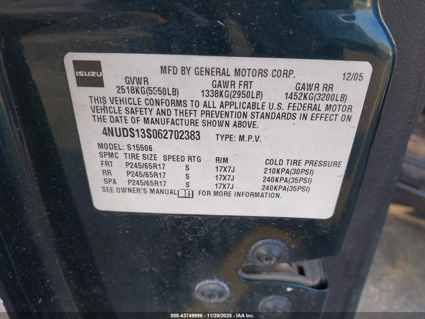 2006 Isuzu Ascender S VIN: 4NUDS13S062702383 Lot: 43749996