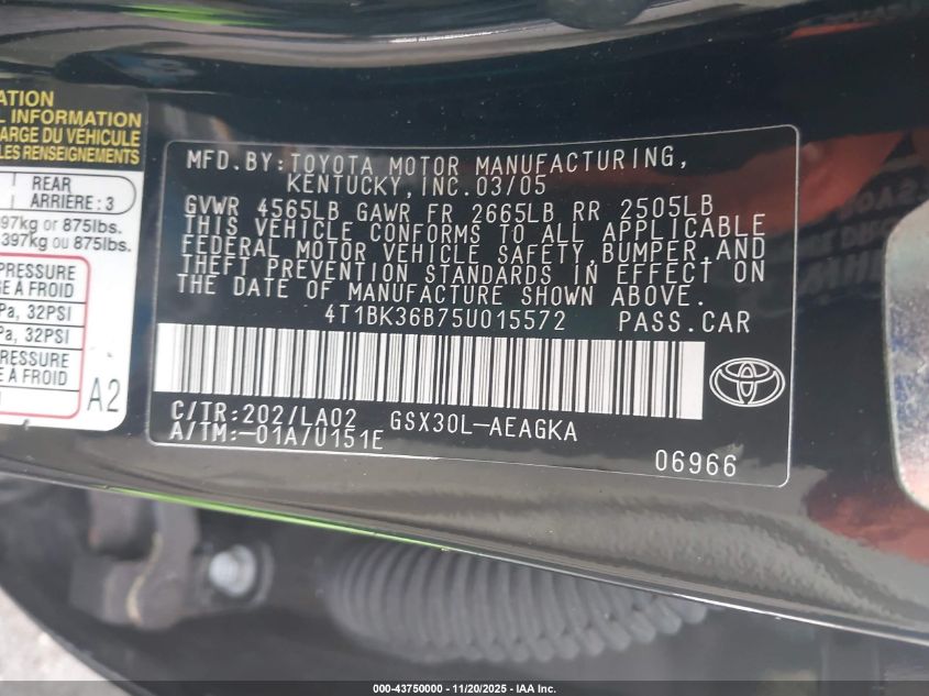 2005 Toyota Avalon Xls VIN: 4T1BK36B75U015572 Lot: 43750000