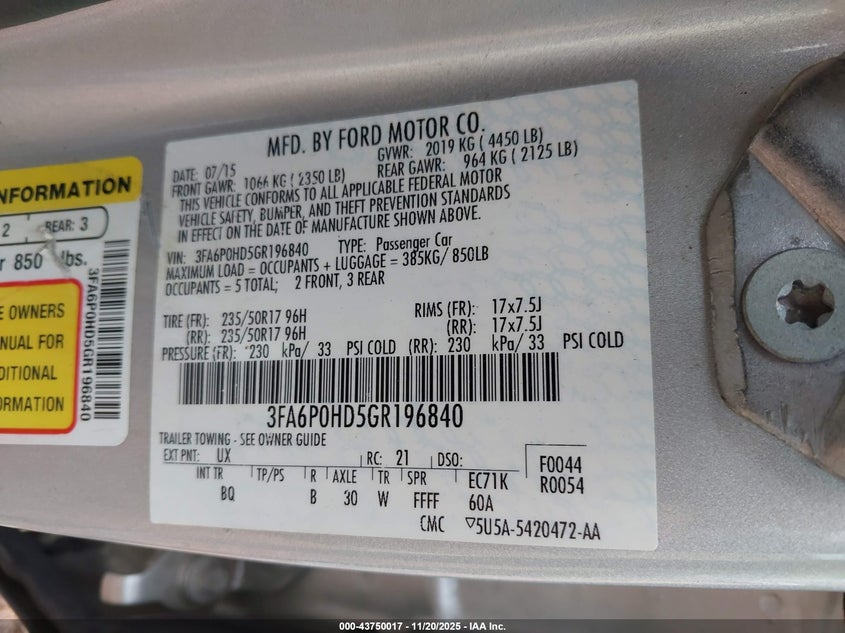 2016 Ford Fusion Se VIN: 3FA6P0HD5GR196840 Lot: 43750017